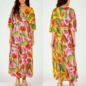 Farm Rio Mixed Beaks & Bananas Maxi Wrap Dress In Lilac colorful vacation